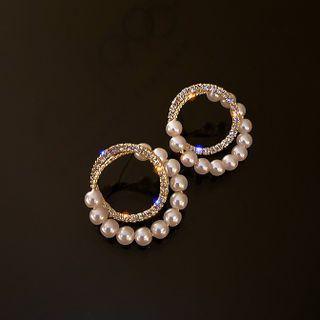 Rhinestone Faux Pearl Hoop Earring 1 Pair - Gold & White - One Size