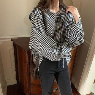 Long-sleeve Peter Pan Collar Plaid Shirts As Shown In Figure - One Size
