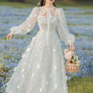 Long-sleeve Floral Mesh A-line Midi Dress