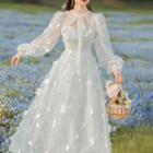 Long-sleeve Floral Mesh A-line Midi Dress