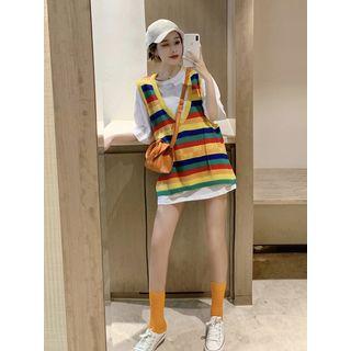 Loose-fit Plain T-shirt / Rainbow-striped Vest