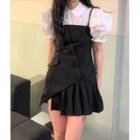 Spaghetti-strap Asymmetrical Mini A-line Dress / Short-sleeve Blouse
