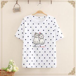 Two Cats Embroidered Short Sleeve T-shirt