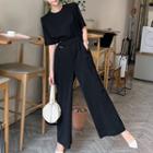 Elbow-sleeve Tie-waist Cropped Wide-leg Jumpsuit