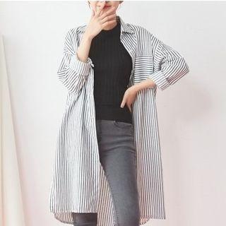 Single Pocket Striped Slit Side Long Shirt