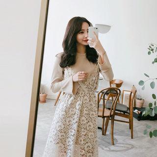 Set: Bell-sleeve Long Top + Laced Pinafore Dress