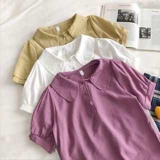 Plain Single-breasted Peter-pan Collar Short-sleeve Top