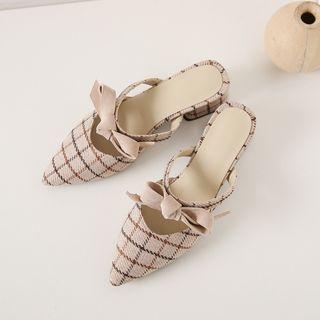 Plaid Faux Leather Block Heel Mules