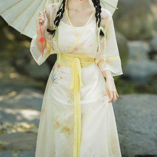 Set: Flared-sleeve Floral Midi Smock Dress + Slipdress + Belt
