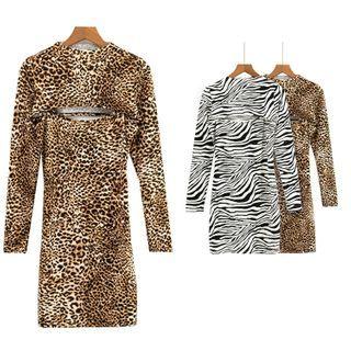 Set: Spaghetti Strap Print Mini Bodycon Dress + Long-sleeve Cropped T-shirt