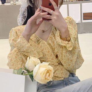 Flower Print Ruffle Blouse Yellow - One Size