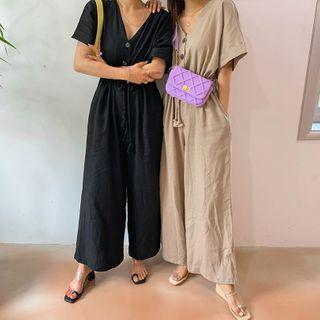 Drawstring-waist Linen Blend Wide-leg Jumpsuit