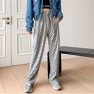 Drawstring Check Wide Leg Pants