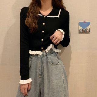 Two-tone Ruffled Knit Cardigan