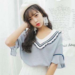 Elbow-sleeve Ruffle Collar T-shirt