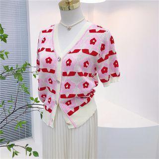 Short Sleeve V-neck Floral Cardigan