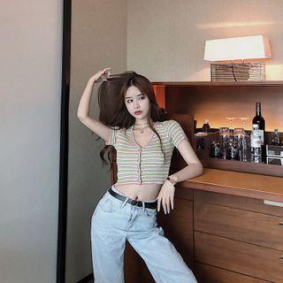 Striped Short-sleeved Knit Top As Shown In Figure - One Size