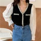 V-neck Lace Panel Puff-sleeve Blouse Black - One Size