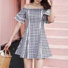 Off-shoulder Lace Trim Gingham A-line Dress