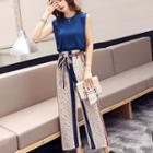 Set: Sleeveless Top + Tie-wait Wide-leg Pants