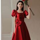 Puff-sleeve Embellished Bow A-line Prom Dress (various Designs)