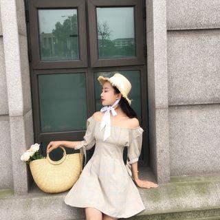 Plaid Off Shoulder Elbow Sleeve A-line Dress