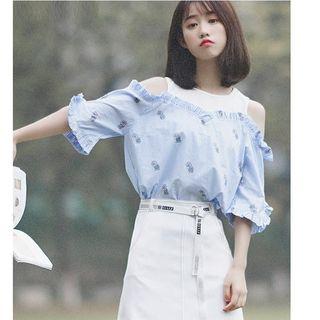 Ruffled Mock Two-piece Elbow-sleeve Striped Top