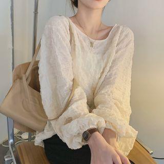 Long-sleeve Round Neck Crinkle Top Almond - One Size