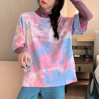 Set: Mesh Long-sleeve T-shirt + Loose-fit Short Sleeve Dye Print T-shirt