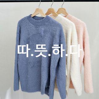 Asymmetric-hem Furry Sweater