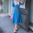 Short-sleeve Lace Trim Deni Midi A-line Dress