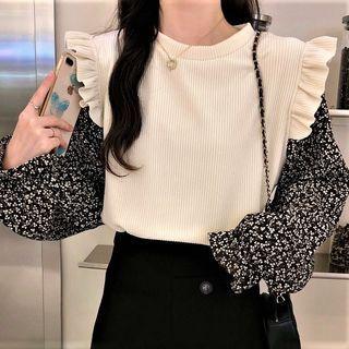 Mock Two-piece Puff-sleeve Floral Panel Blouse