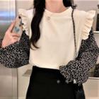 Mock Two-piece Puff-sleeve Floral Panel Blouse
