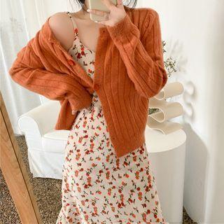 Spaghetti Strap Floral Midi A-line Dress / Knit Cardigan