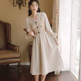 Puff-sleeve Floral Embroidered Knit Dress