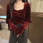 Square Neck Velvet Blouse Wine Red - One Size