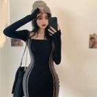 Square-neck Colorblock Skinny Mini Dress Black - One Size