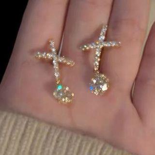 Rhinestone Ear Stud C2-3-1 - 1 Pair - Gold - One Size