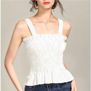 Pinstriped Shirred Sleeveless Top