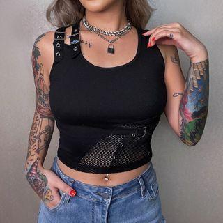 Asymmetric Strap Mesh Panel Crop Tank Top