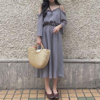 Long-sleeve Ruffle Trim A-line Midi Dress