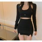 Set: Cropped Halter Top + Long-sleeve Crop Top + Mini Pencil Skirt Set Of 3 - Skirt & Long-sleeve Top & Halter Top - Black - One Size