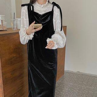 Bell-sleeve Mock-neck Blouse / Midi Sheath Overall Dress