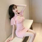 Mandarin Collar Ruffle Trim Cutout Mini Bodycon Dress