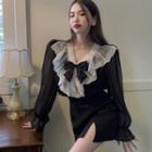 V-neck Lace Bow Oversize Blouse