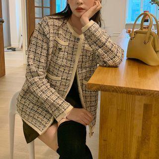 Multi-pocket Plaid Tweed Cardigan