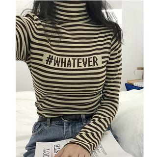 Lettering Striped Turtleneck Long Sleeve Knit Top