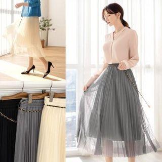 Long Mesh Pleated Skirt With Chain Belt