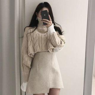Cut-out Cropped Turtleneck Sweater / Mini A-line Skirt / Set