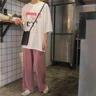 3/4-sleeve Printed T-shirt / Wide-leg Pants